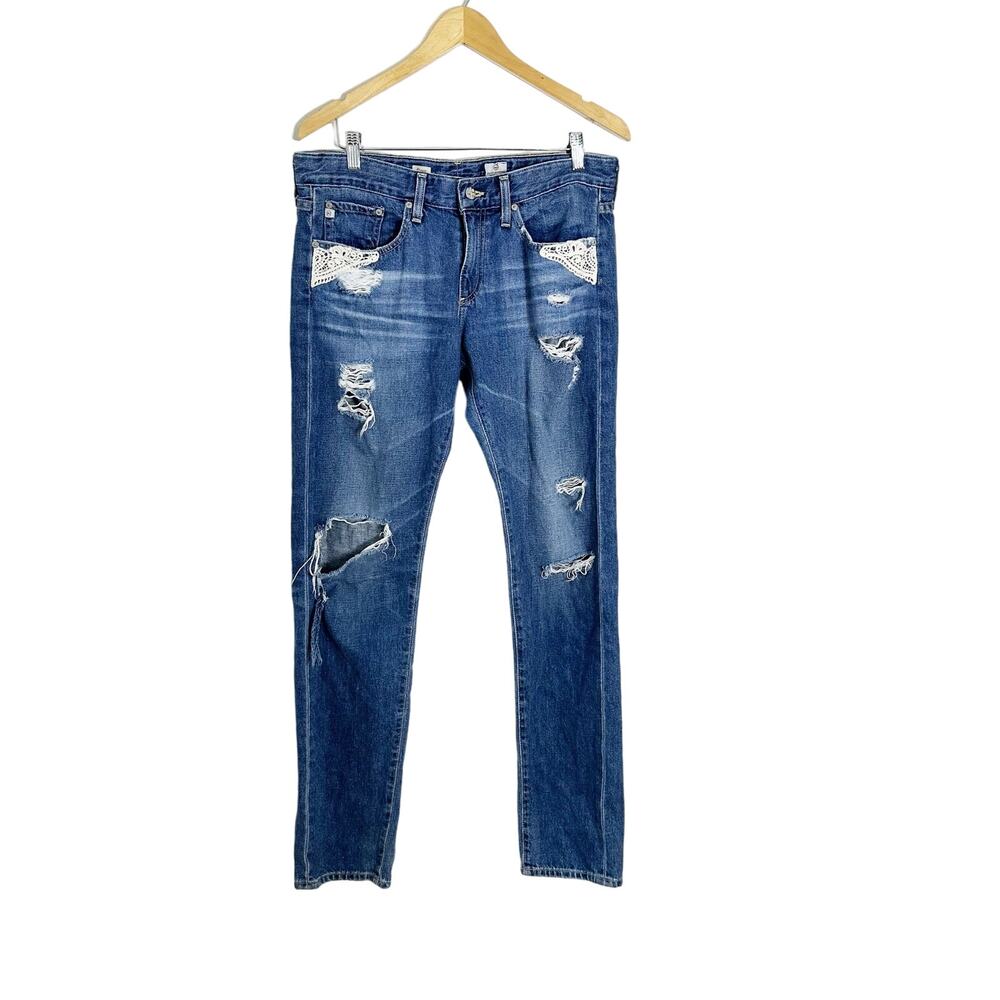 AG Adriano Goldshmied Piper Slouchy Slim Distressed Lace Jeans sz 30R